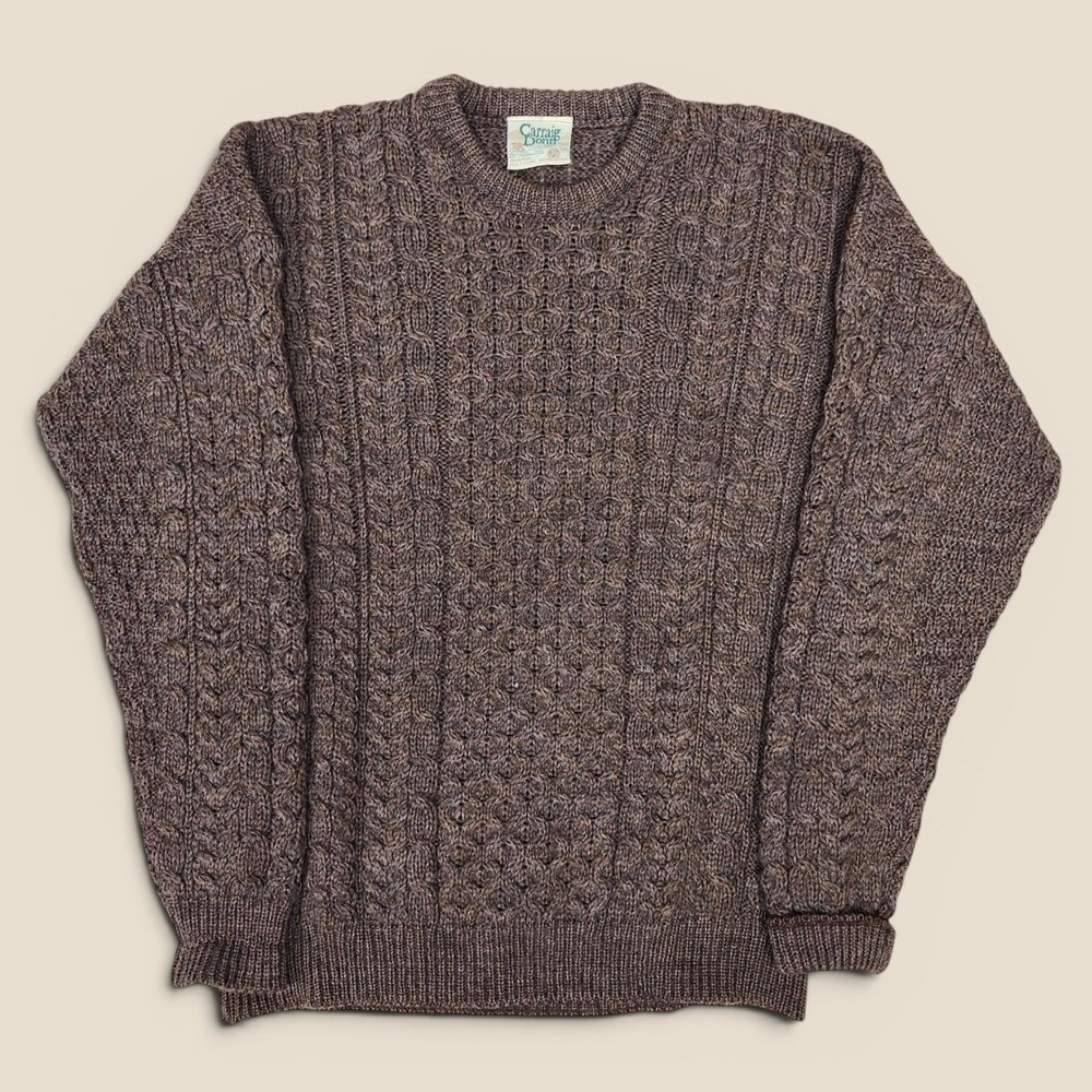Carraig Donn 100% Wool Aran Cable Knit Chocolate Sweater Ireland Fisherman Large